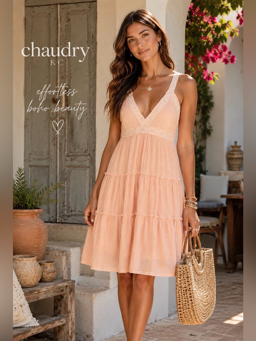 Chaudry KC Peach Gauze Lace Tiered Boho Summer Dress NWT Small